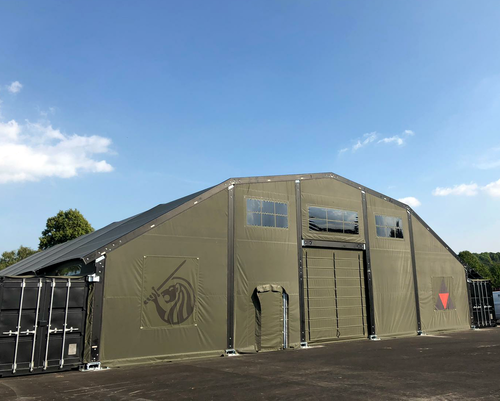 Container Building with Aluminium/Fabric Roof - Completed building